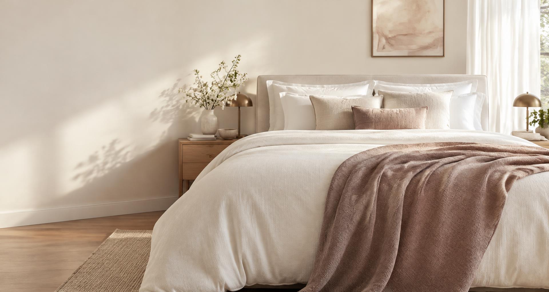 Cama aconchegante com lençóis claros e manta, coleção para seu lar